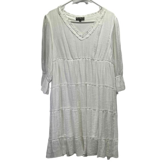 J Gee White Womens V Neck Feminine Gauze Tiered Ruched Casual Boho Dress XL - Picture 1 of 11